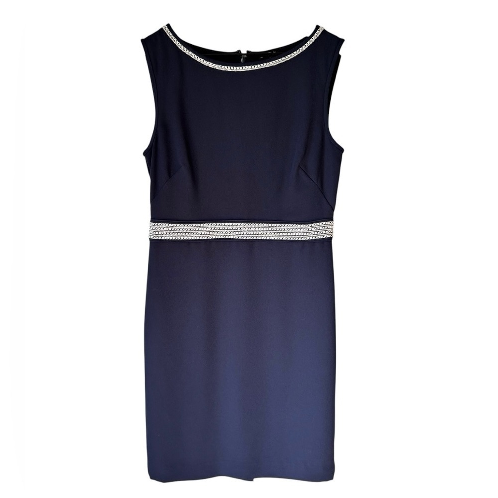 Ann Taylor Navy Blue Embroidered Classic Retro Knee Length Shift Dress Size 0